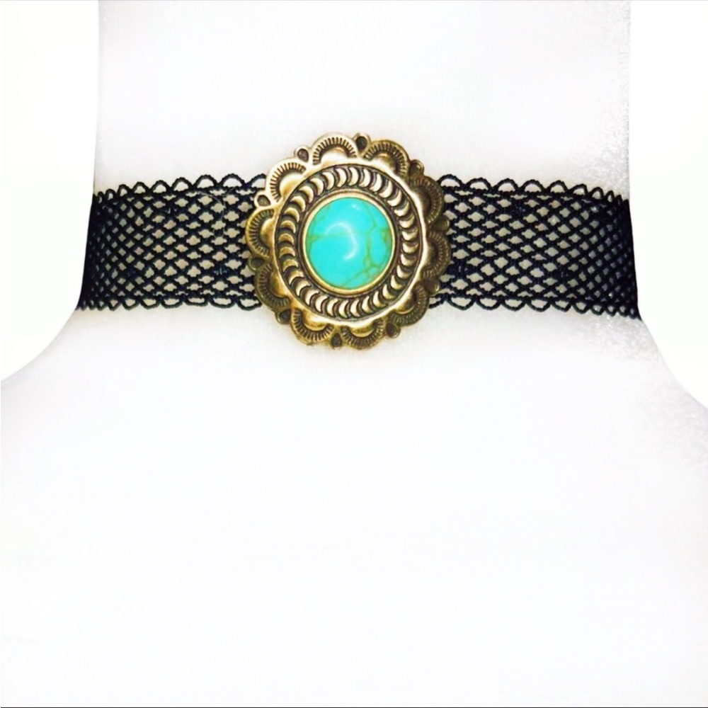 Bohemian Choker with Gold-tone and Turquoise Concho